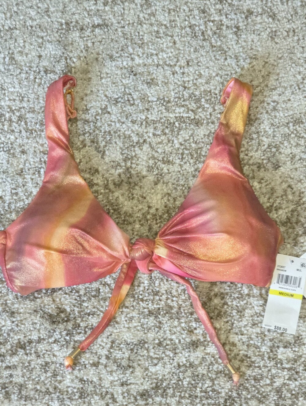 NWT Becca Solar Energy Knotted Gold Shimmer Metallic Coral Bikini Top Sz Medium